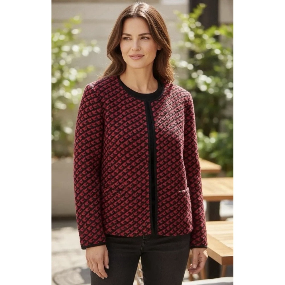 Talbots Red Black Houndstooth Cardigan Sweater Jacket Wool Blend